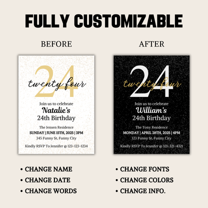 24th Birthday Invitation | Editable 24th Birthday Party Invite