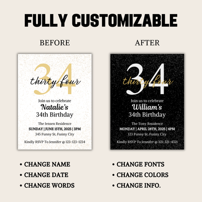 34th Birthday Invitation | Editable 34th Birthday Party Invite