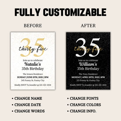 35th Birthday Invitation | Editable 35th Birthday Party Invite