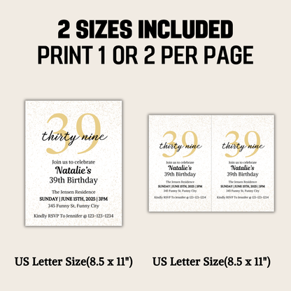 39th Birthday Invitation | Editable 39th Birthday Party Invite