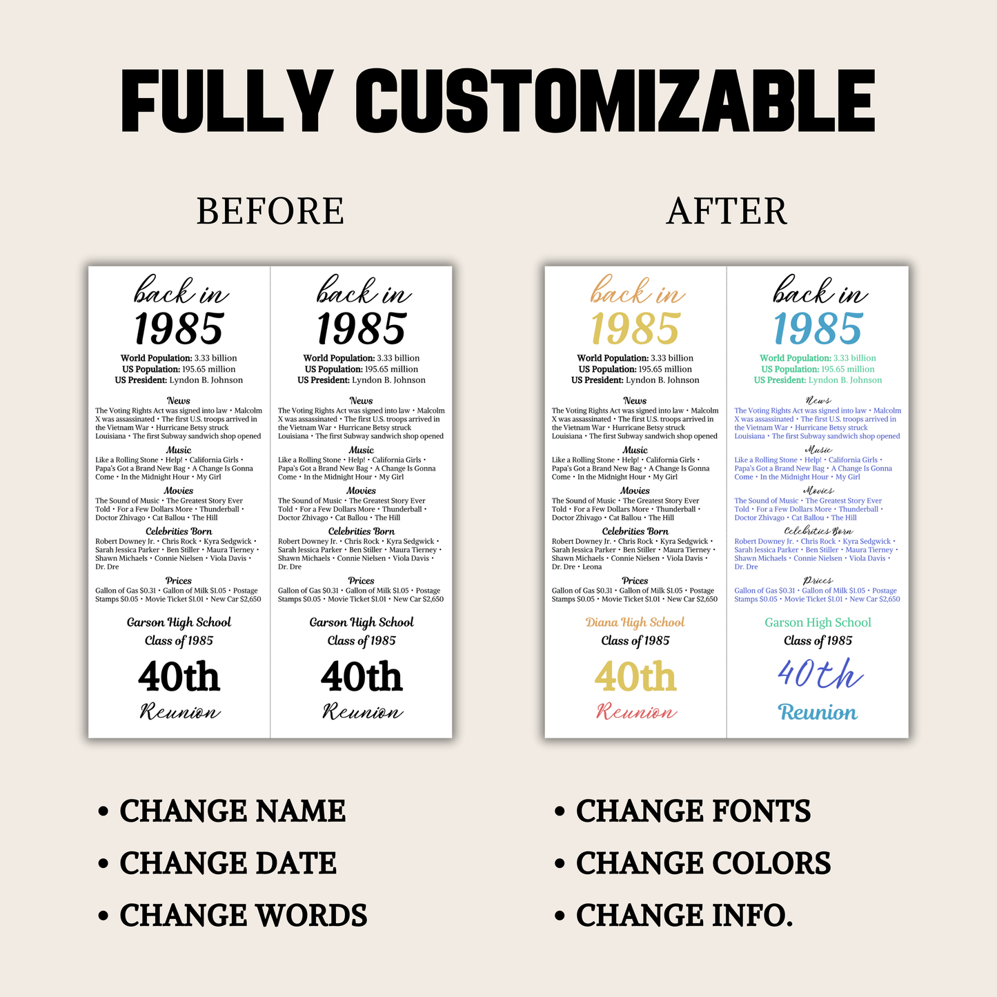 40th Class Reunion Table Cards | Editable 40th Class Reunion Place Cards