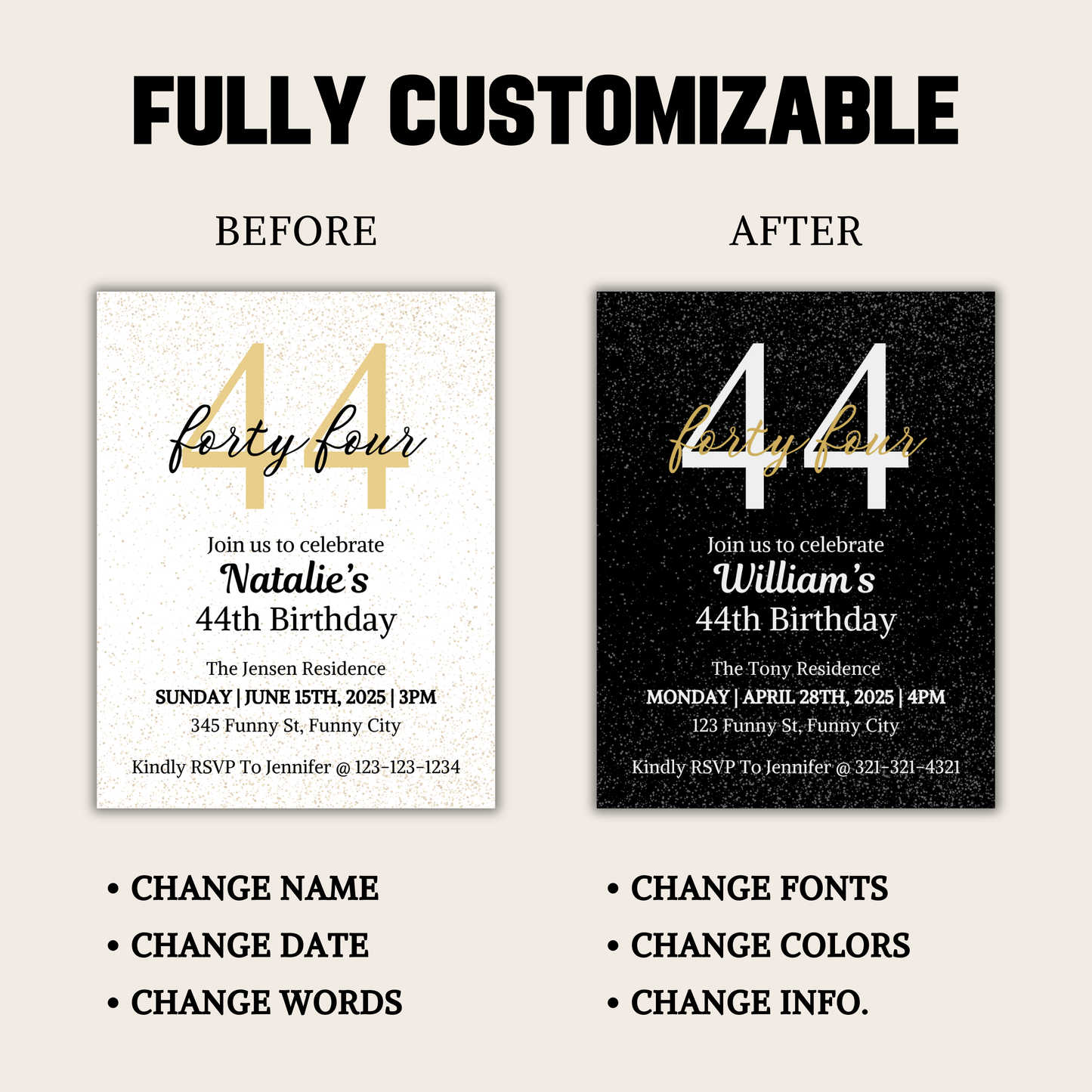 44th Birthday Invitation | Editable 44th Birthday Party Invite