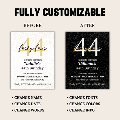 44th Birthday Invitation | Editable 44th Birthday Party Invite