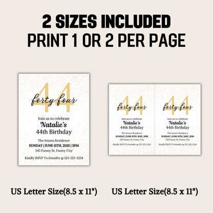 44th Birthday Invitation | Editable 44th Birthday Party Invite
