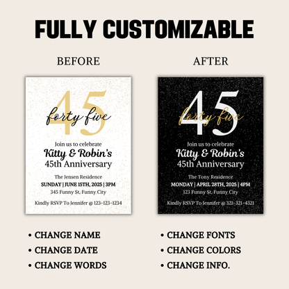 45th Anniversary Invitation | Editable 45th Anniversary Party Invite