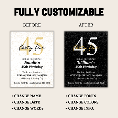 45th Birthday Invitation | Editable 45th Birthday Party Invite