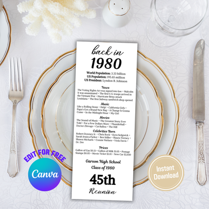 45th Class Reunion Table Cards | Editable 45th Class Reunion Place Cards