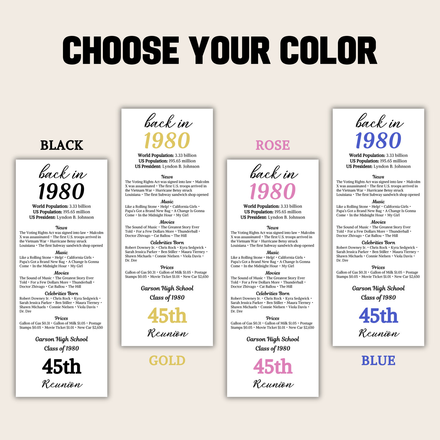 45th Class Reunion Table Cards | Editable 45th Class Reunion Place Cards