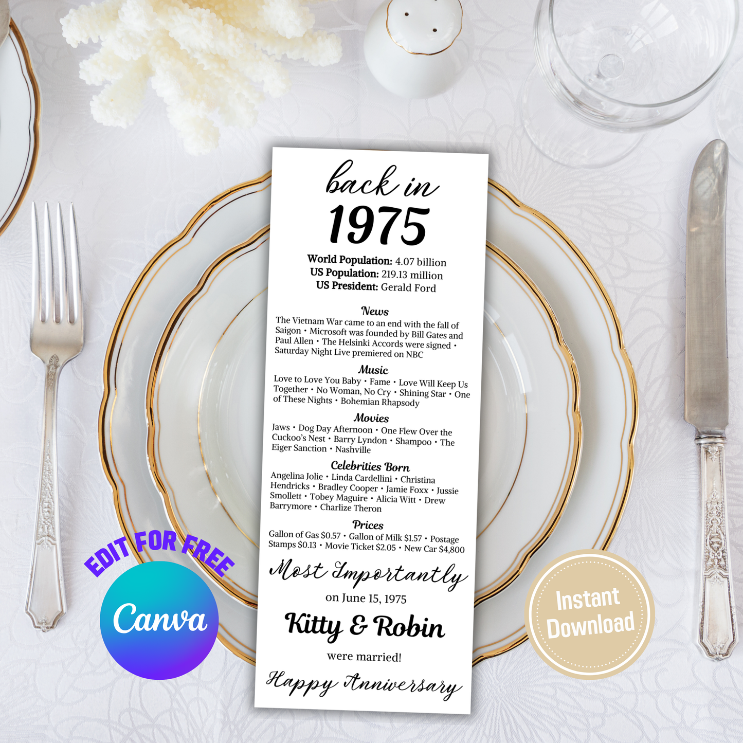 50th Anniversary Table Cards | Editable 50th Anniversary Place Cards