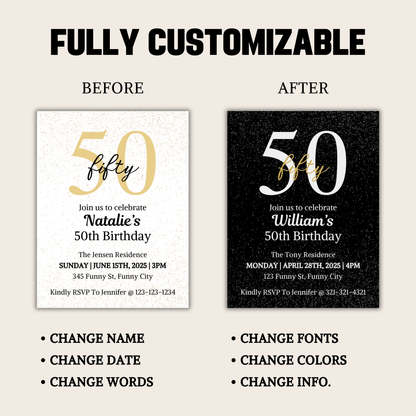 50th Birthday Invitation | Editable 50th Birthday Party Invite
