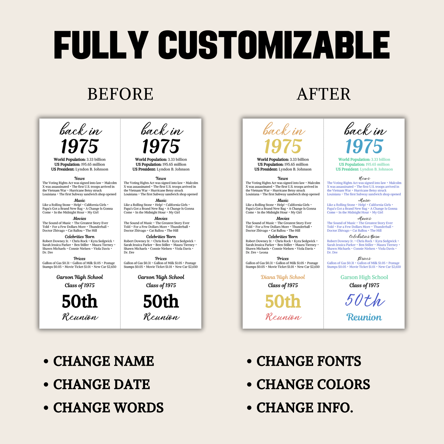 50th Class Reunion Table Cards | Editable 50th Class Reunion Place Cards