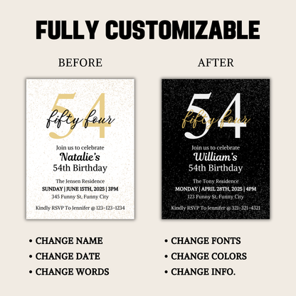 54th Birthday Invitation | Editable 54th Birthday Party Invite