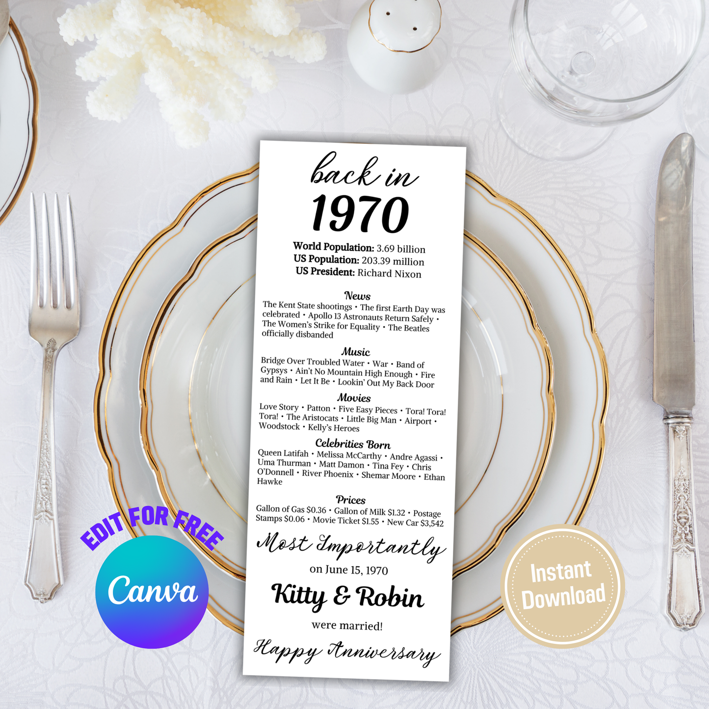 55th Anniversary Table Cards | Editable 55th Anniversary Place Cards
