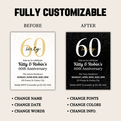 60th Anniversary Invitation | Editable 60th Anniversary Party Invite