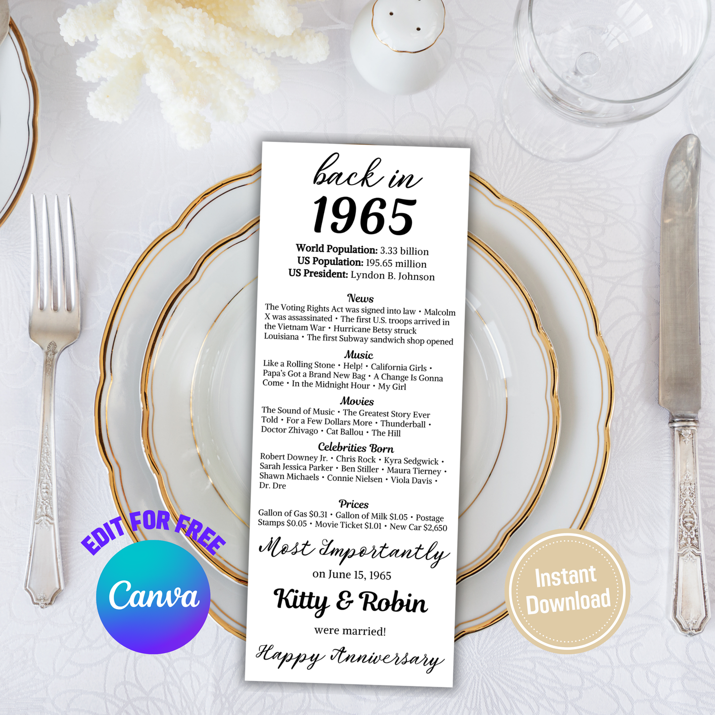 60th Anniversary Table Cards | Editable 60th Anniversary Place Cards