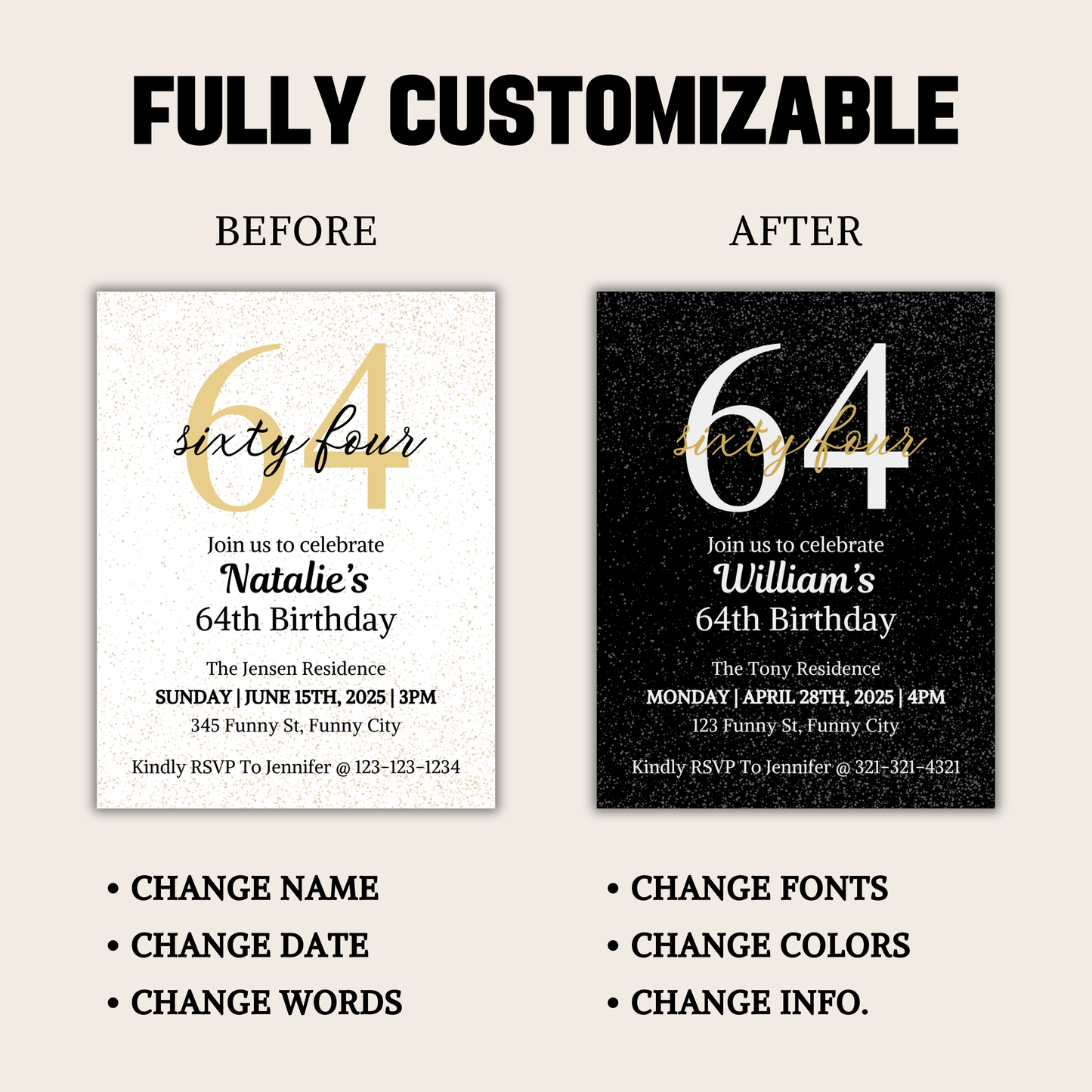 64th Birthday Invitation | Editable 64th Birthday Party Invite