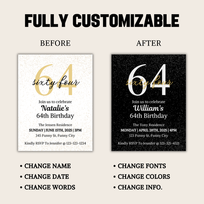 64th Birthday Invitation | Editable 64th Birthday Party Invite