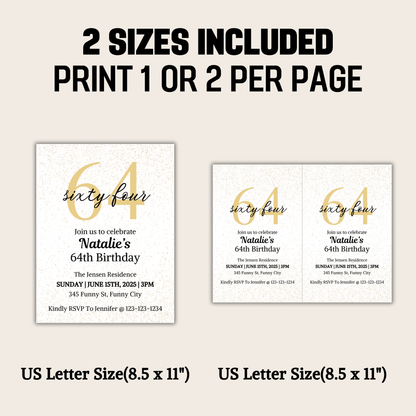 64th Birthday Invitation | Editable 64th Birthday Party Invite