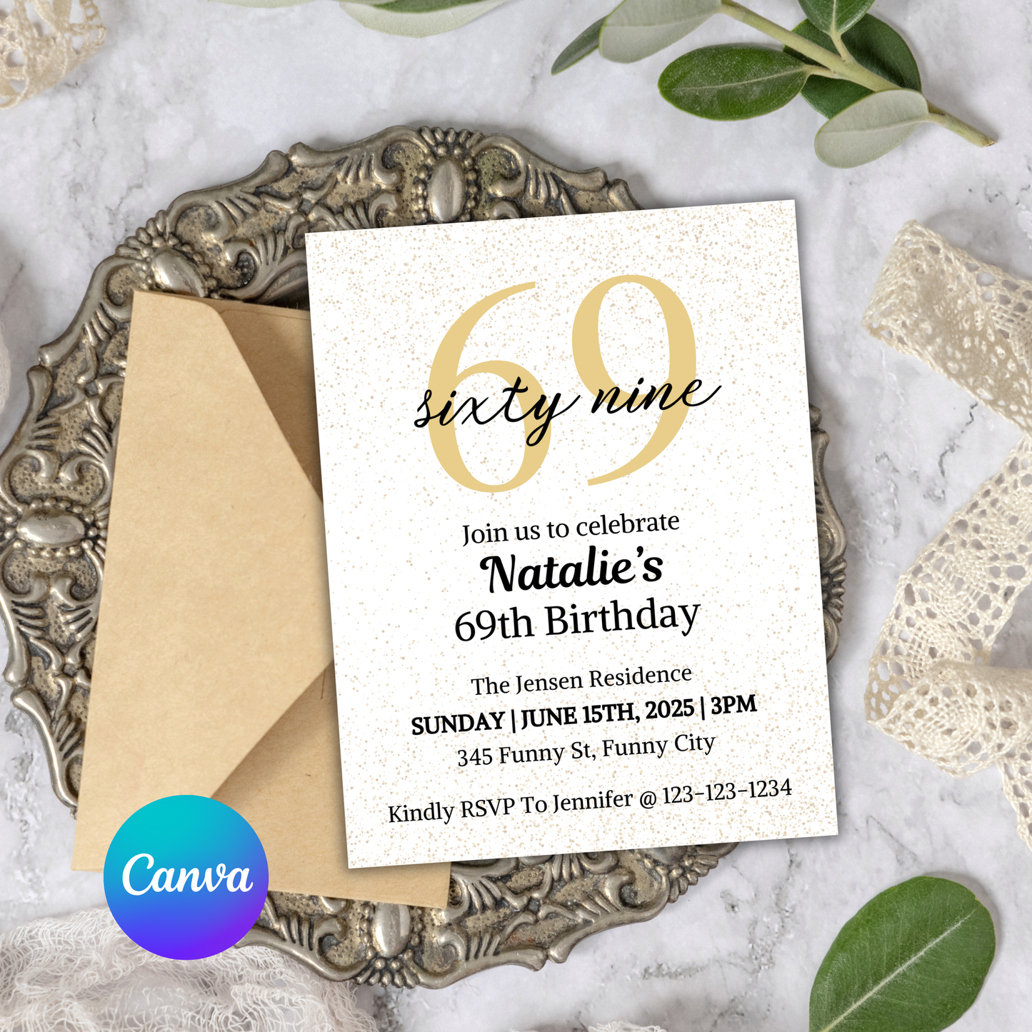 69th Birthday Invitation | Editable 69th Birthday Party Invite