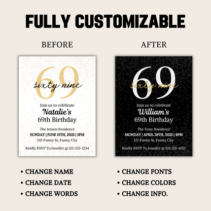 69th Birthday Invitation | Editable 69th Birthday Party Invite