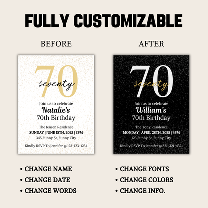 70th Birthday Invitation | Editable 70th Birthday Party Invite