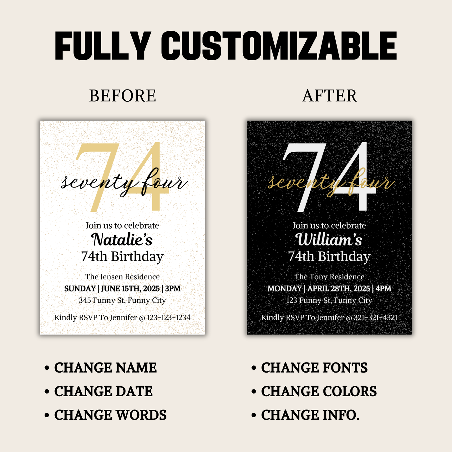 74th Birthday Invitation | Editable 74th Birthday Party Invite