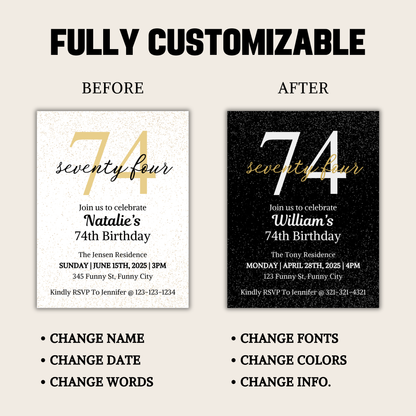 74th Birthday Invitation | Editable 74th Birthday Party Invite