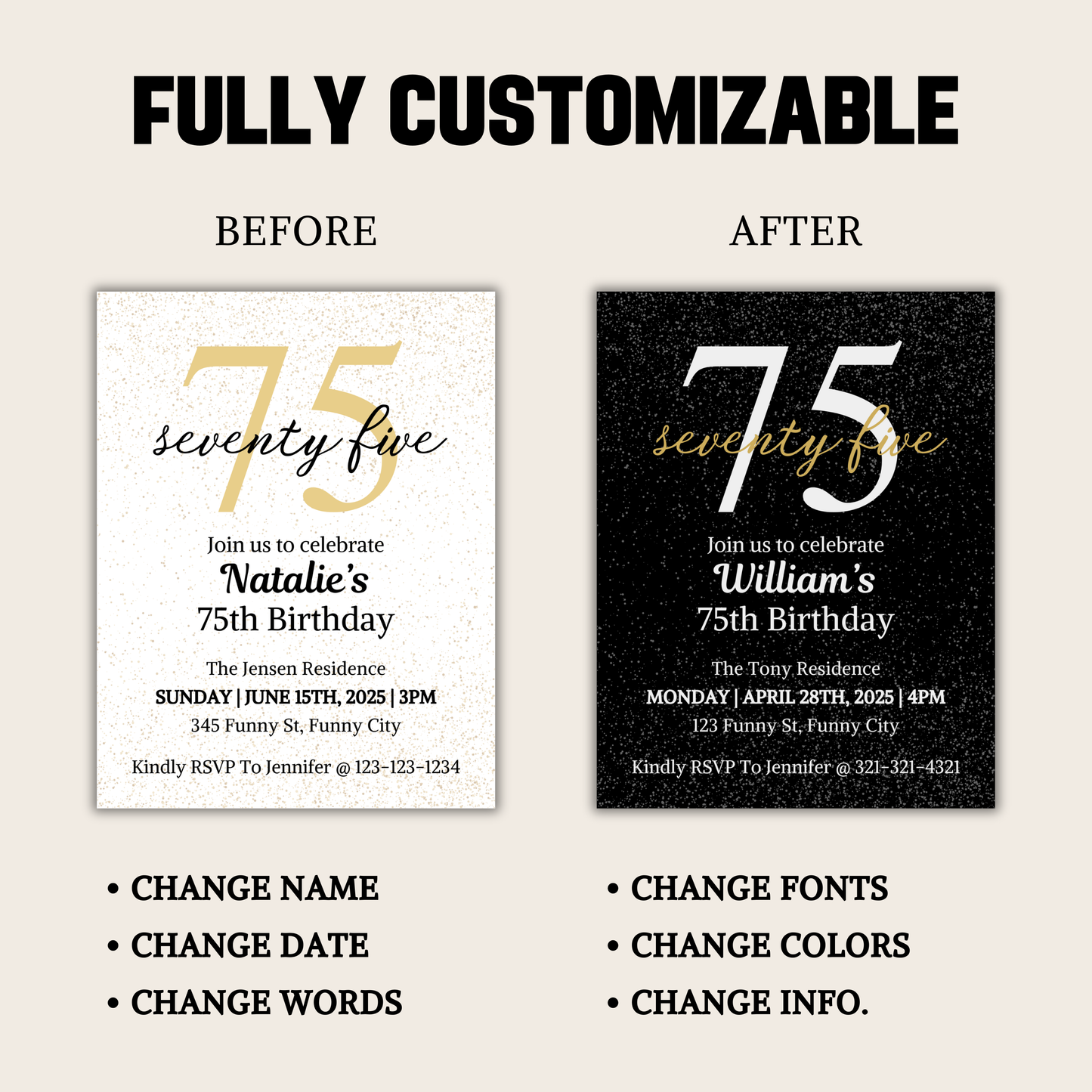 75th Birthday Invitation | Editable 75th Birthday Party Invite