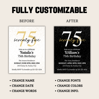 75th Birthday Invitation | Editable 75th Birthday Party Invite