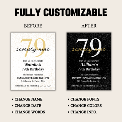 79th Birthday Invitation | Editable 79th Birthday Party Invite