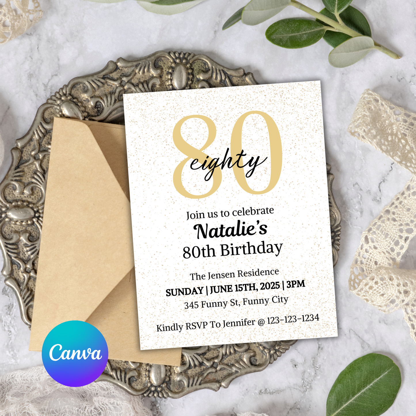 80th Birthday Invitation | Editable 80th Birthday Party Invite
