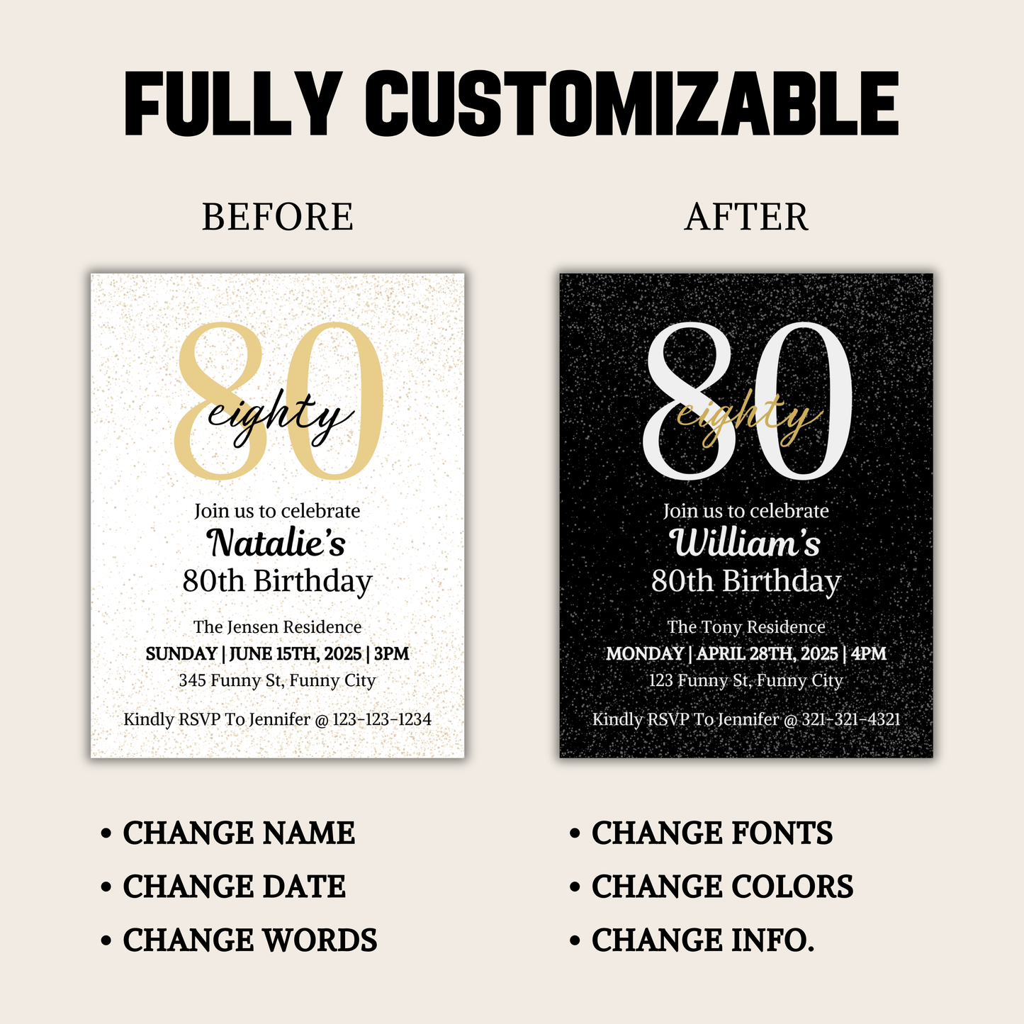 80th Birthday Invitation | Editable 80th Birthday Party Invite