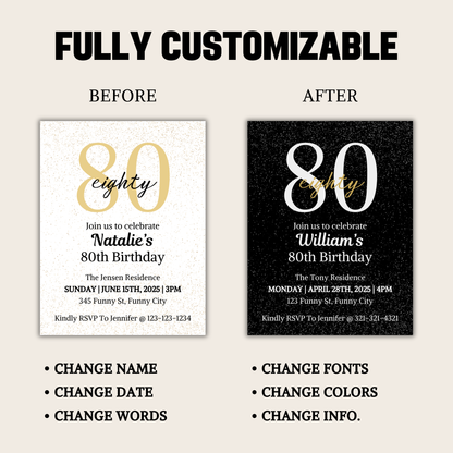 80th Birthday Invitation | Editable 80th Birthday Party Invite
