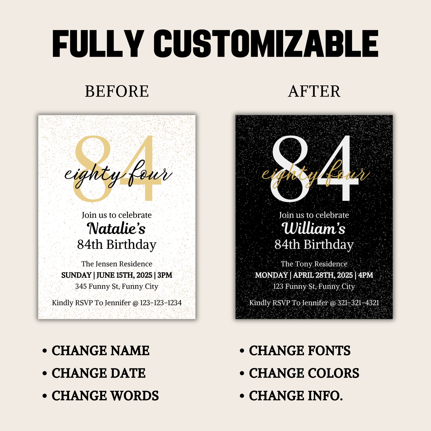 84th Birthday Invitation | Editable 84th Birthday Party Invite