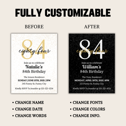 84th Birthday Invitation | Editable 84th Birthday Party Invite