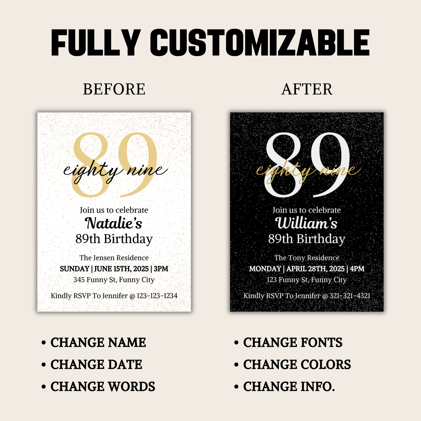 89th Birthday Invitation | Editable 89th Birthday Party Invite