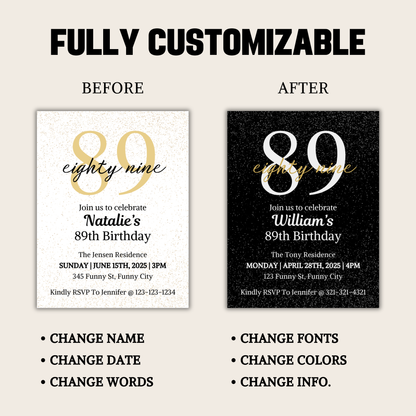 89th Birthday Invitation | Editable 89th Birthday Party Invite