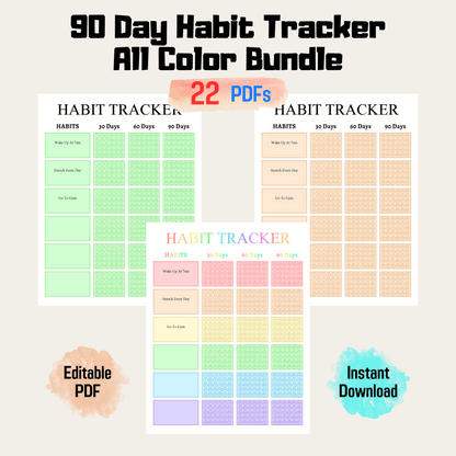 90 Day Habit Tracker Rainbow Color Printable, 90 Day Habit Challenge, Digital Habit Tracker, A4/Letter, Instant Download