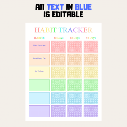 90 Day Habit Tracker 1: Rainbow Color Editable Demo Display