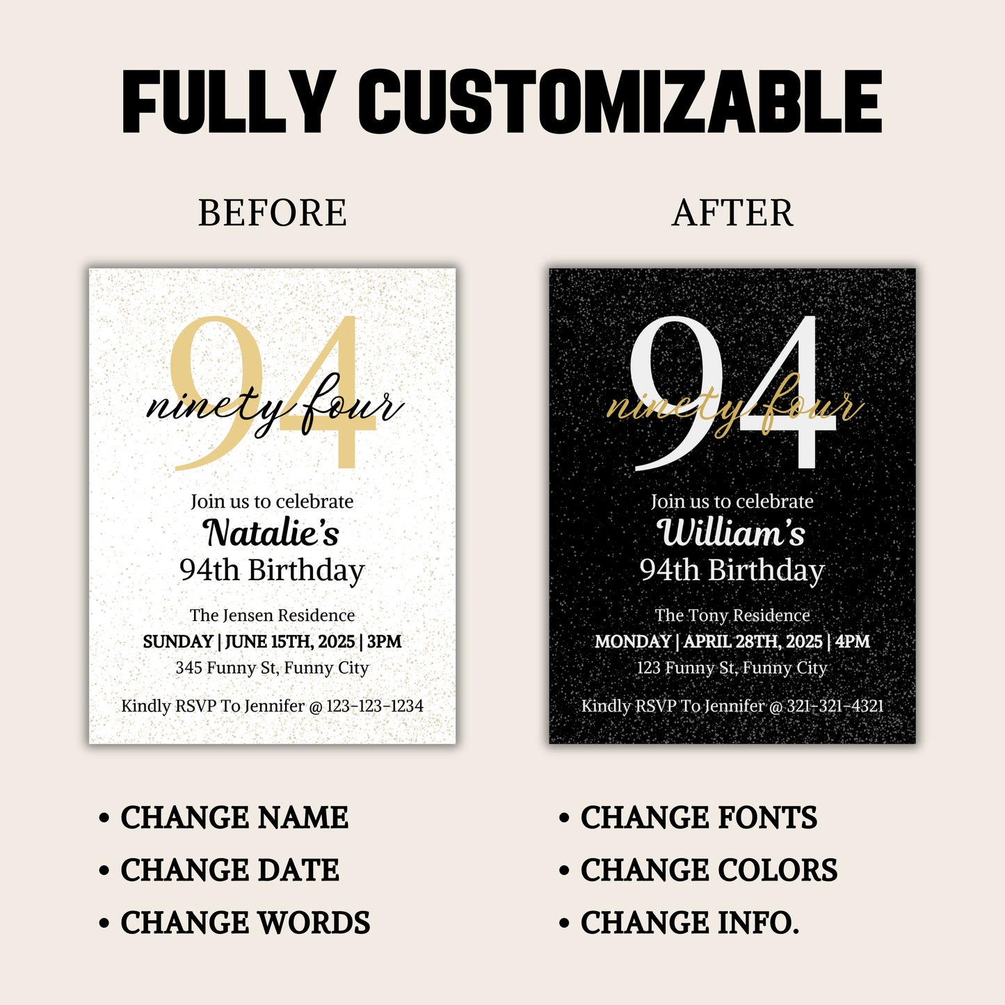 94th Birthday Invitation | Editable 94th Birthday Party Invite