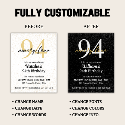 94th Birthday Invitation | Editable 94th Birthday Party Invite