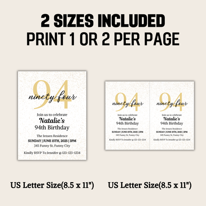 94th Birthday Invitation | Editable 94th Birthday Party Invite