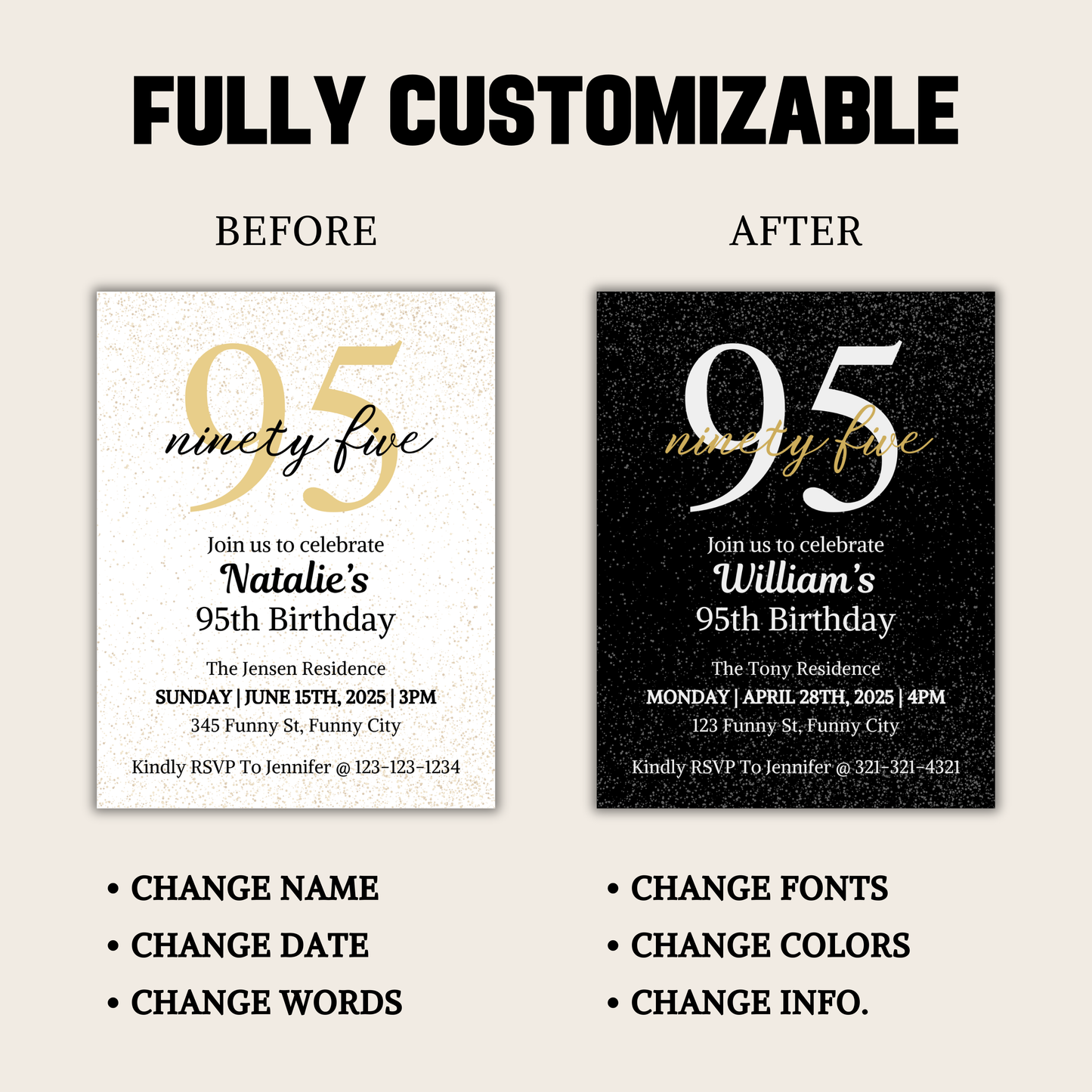 95th Birthday Invitation | Editable 95th Birthday Party Invite