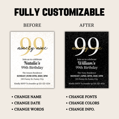 99th Birthday Invitation | Editable 99th Birthday Party Invite