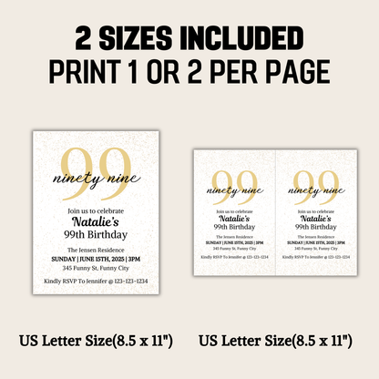 99th Birthday Invitation | Editable 99th Birthday Party Invite