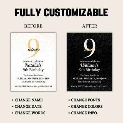9th Birthday Invitation | Editable 9th Birthday Party Invite