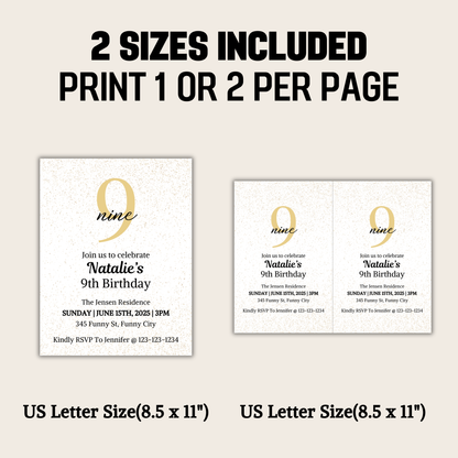 9th Birthday Invitation | Editable 9th Birthday Party Invite