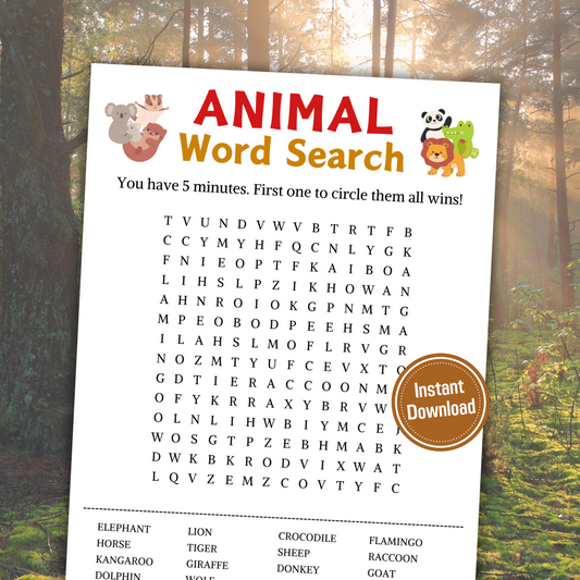 Animal Word Search Game | Minimalist Animal Party Word Find Game