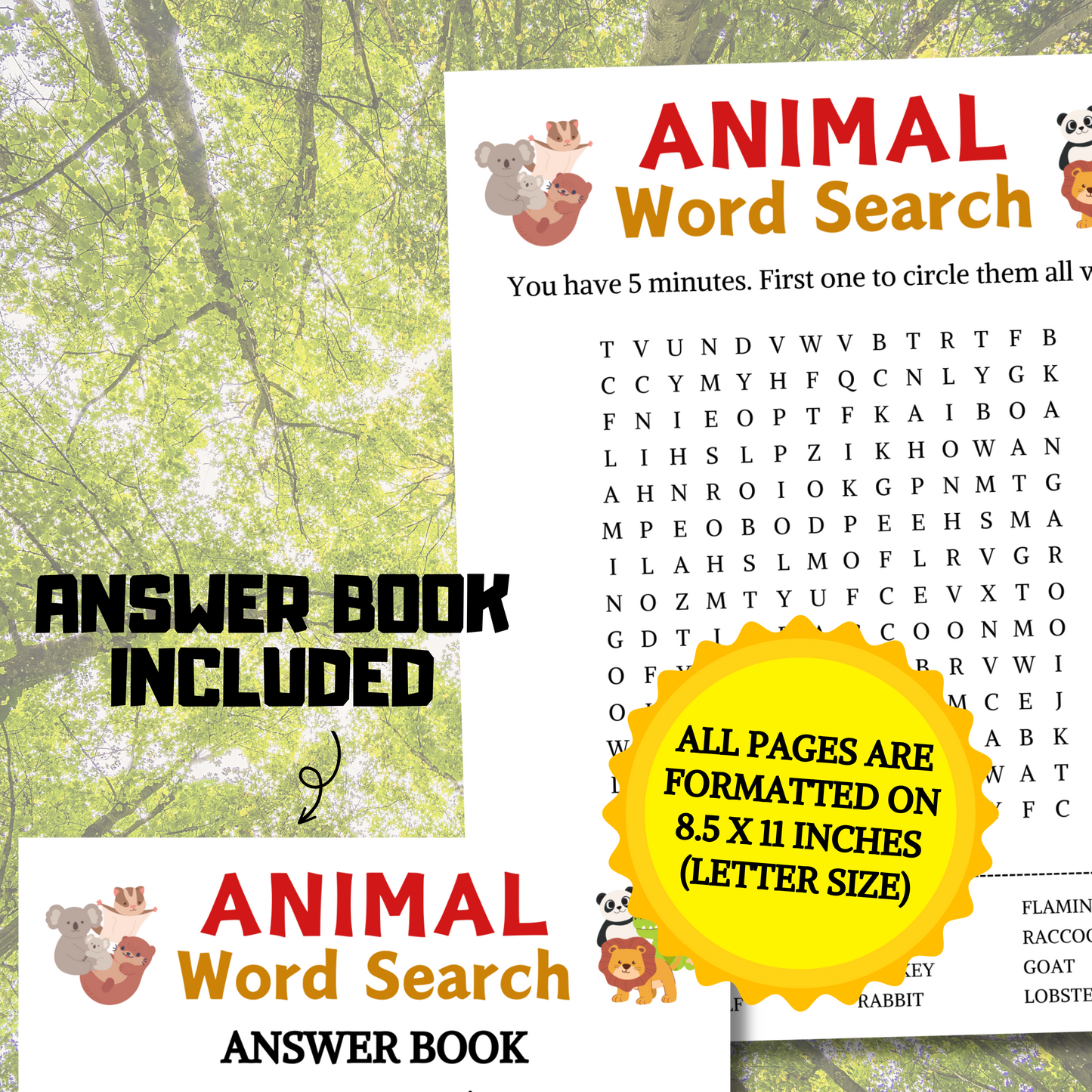 Animal Word Search Game | Minimalist Animal Party Word Find Game