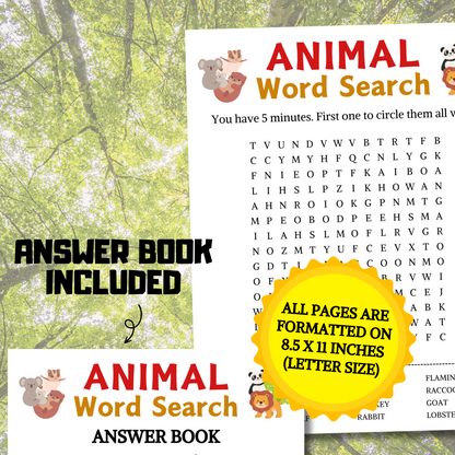 Animal Word Search Game | Minimalist Animal Party Word Find Game